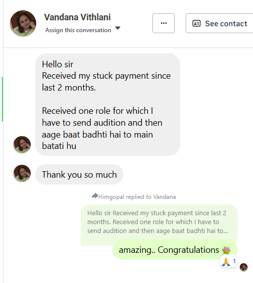 Client message reporting a stuck payment received and a new role opportunity